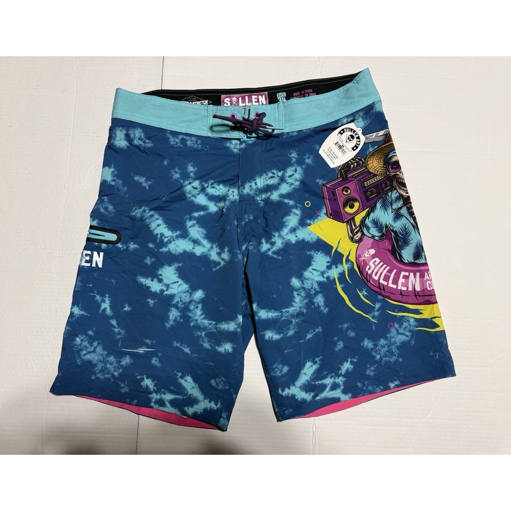 Sullen Art Collective "Floater" Board Shorts Men's 34 Blue Tie Dye Tattoo Art